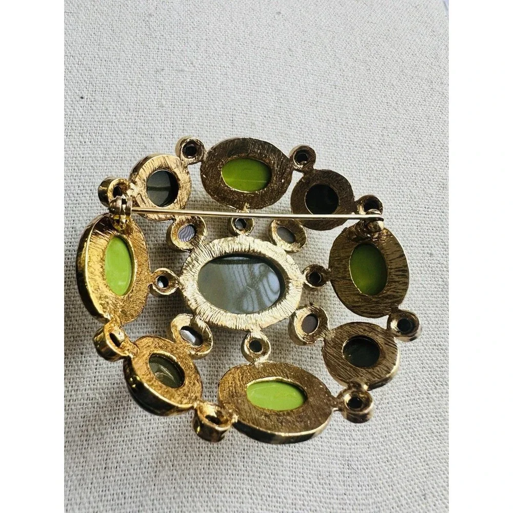 Vintage Mod Green Brown Cabochon Gold Tone Brooch Pin Statement